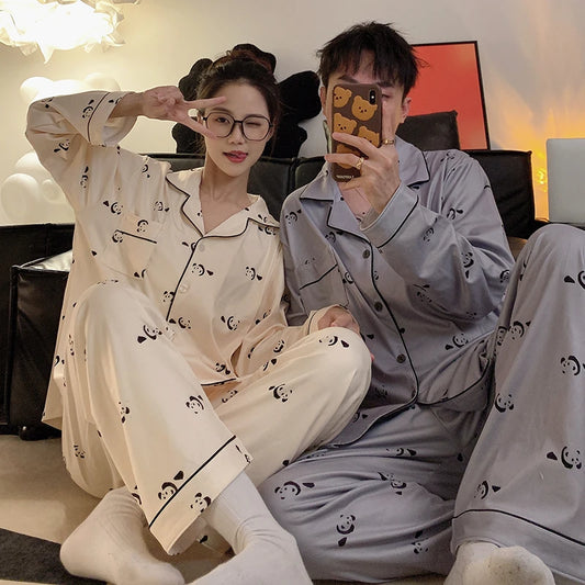 Pajamas Women Pajama Man Set Cotton Plus Size Spring Autumn Long-sleeved Korean Cardigan Casual V-neck Nightwear Couple Pyjamas.