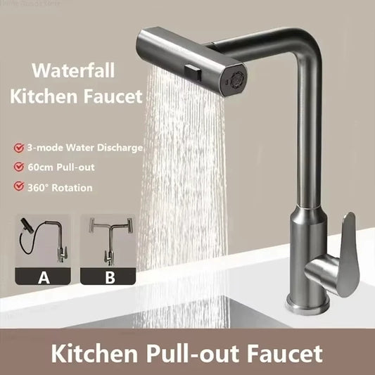 Black/Gray/Silver Pull-Out Kitchen Faucet Three Water Stream Sprayer Stainless Steel Hot and Cold Water Mixing Faucet Countertop