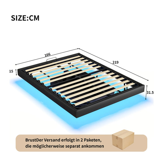 Lazyspace Bettgestell 160 x 200 cm mit LED-Beleuchtung und Stauraum, schwebender Bettrahmen mit Metalllattenrost, ohne Matratze