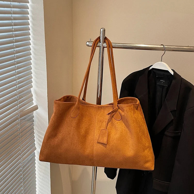 Korean Style Casual Suede Shoulder Bag for Girls Large Capacity All-match Shoulder Pouch Handbag Underarm Tote Storage