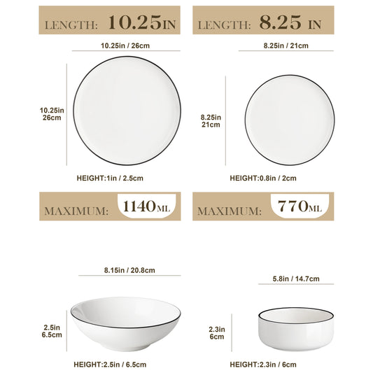 MALACASA 24/48Piece Ceramic Plates Black Rim Porcelain Dinnerware Set 6/12 Pcs Dinner/Soup/Dessert Plates/Bowl Service for 6/12.