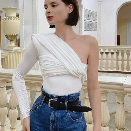 2025 Slim Club Party Bodysuits High Waist Irregular Bodysuit Sexy Backless Twist Streetwear One Shoulder Long Sleeve Tops 19493.