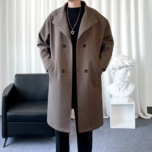 Korean Trend Men's Lapel coat Loose Casual Double-breasted Overcoat Autumn Winter Fashion New Long Sleeve Woolen Coat.