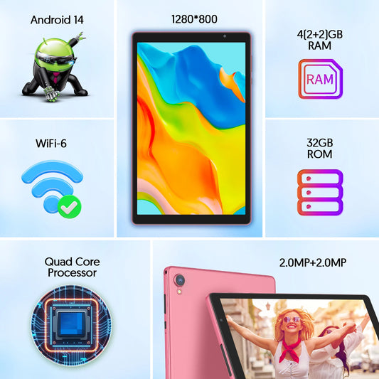 BAKEN 10-inch Android 14 Tablet, Quad-core Processor, 32GB Storage, Wi-Fi 6, Bluetooth, USB-C Port, Google Play Store (GMS).
