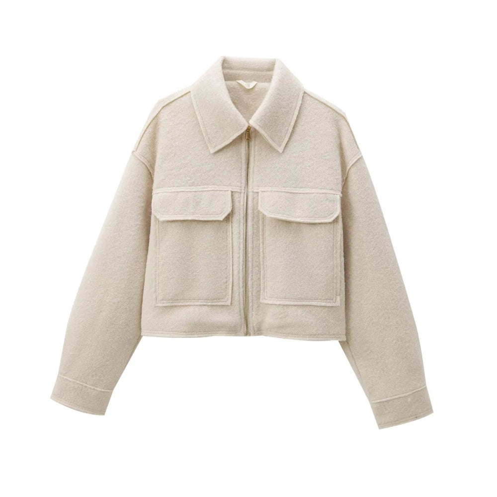 TRZA-Kurzjacke mit Taschen für Damen, Langarmmantel, Reißverschluss vorne, Damenoberbekleidung, schicke Oberteile, Mode.