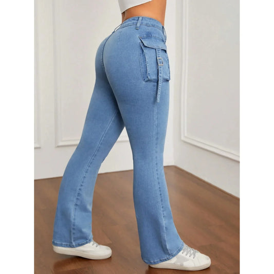 High Waist Bell Bottom Jeans Women's Slim Fit Workwear Denim Pants High Elasticity Cross-Border Long Trousers.