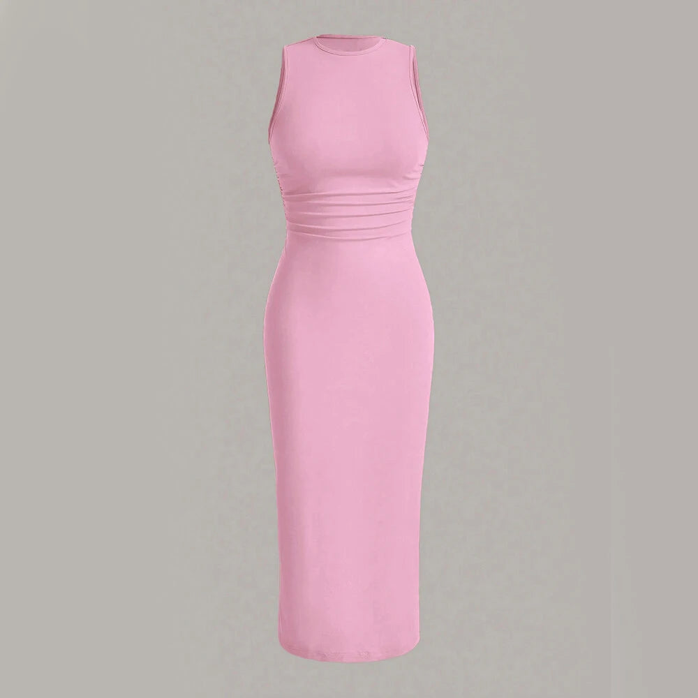 Mia Muse Damenkleider für alle Jahreszeiten, minimalistisch, schlicht, ärmellos, Rundhalsausschnitt, Wickel-MIDI-Partykleider.