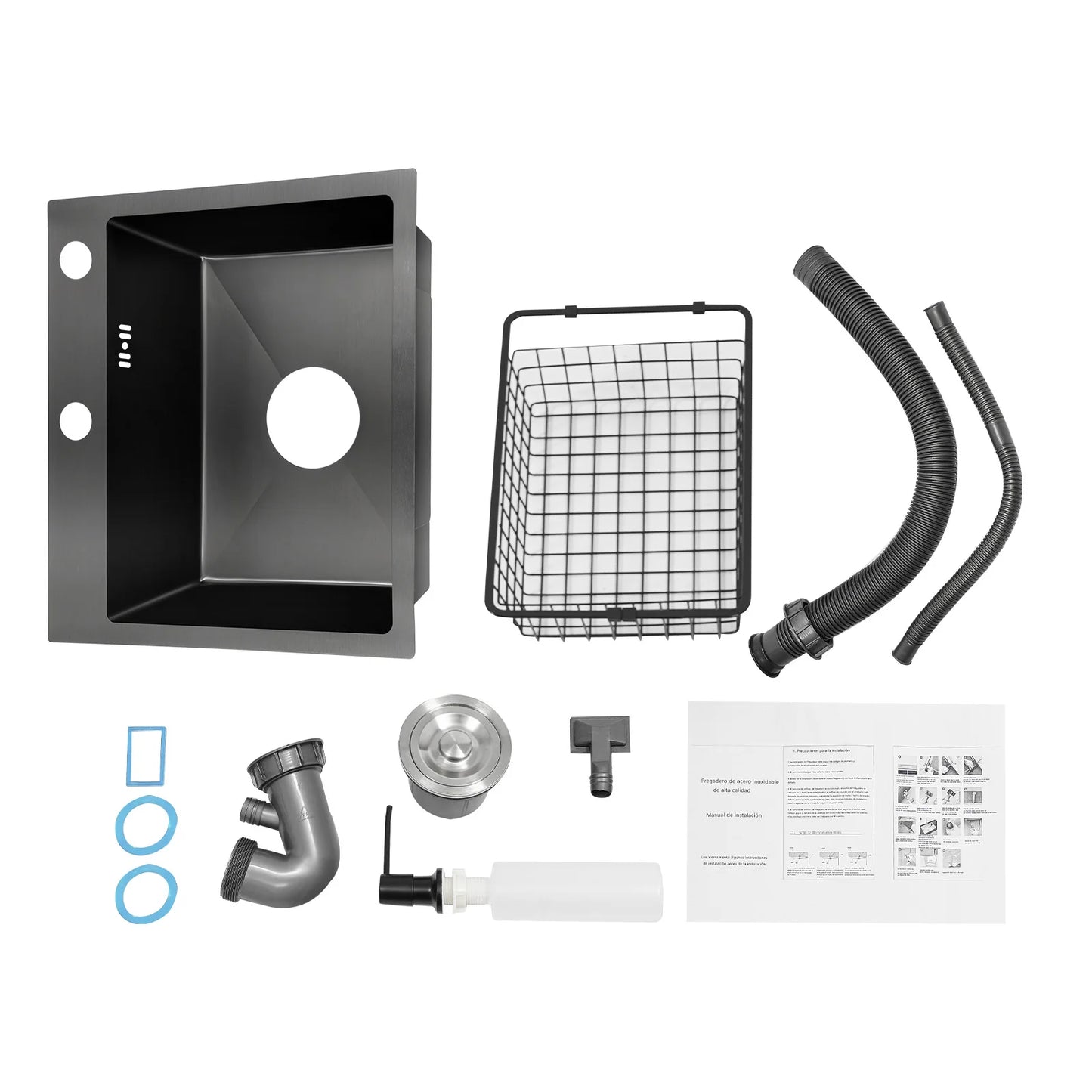 45 x 40 cm Edelstahl-Küchenspüle für Zuhause, kommerziell, großes Einzelwaschbecken mit Abflusskorb + Seifenspender + Sieb + Abflussrohr