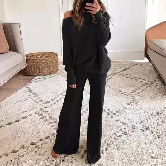 New Women's 2pcs Clothes Set Solid Color Round Neck Long Sleeve Casual Top & Loose Wide Leg Pants Home Wear.