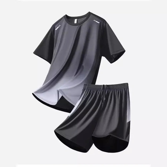 Men's Fitness Ice Silk Sports Suit Short Sleeve Training Room Basketball Morning Run Summer Outfit Shorts And T-shirt Set.