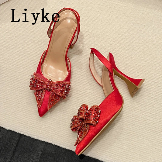 Liyke Spring Summer Fashion Rhinestone Bowknot Women Pumps Sexy Silk Pointed Toe Strange High Heels Party Prom Shoes Gold Silver.