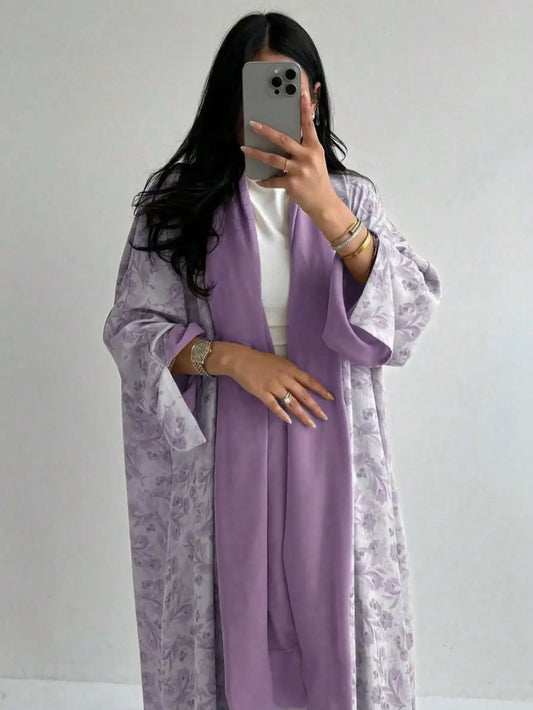 Lockeres, mit Blumenmuster bedrucktes Abaya-Langarmkleid für den orientalischen Nahen Osten für Damen, elegante Robe mit offener Vorderseite ohne Schal.