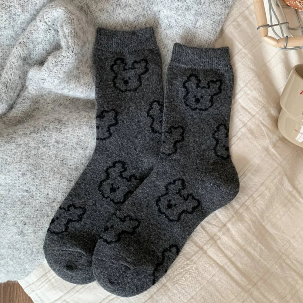 Christmas Gift Socks Women Winter Keep Warm Wool Socks Cute Bear Cartoon Happy Funny Kawaii Daily Streetwear Woman Floor Socks