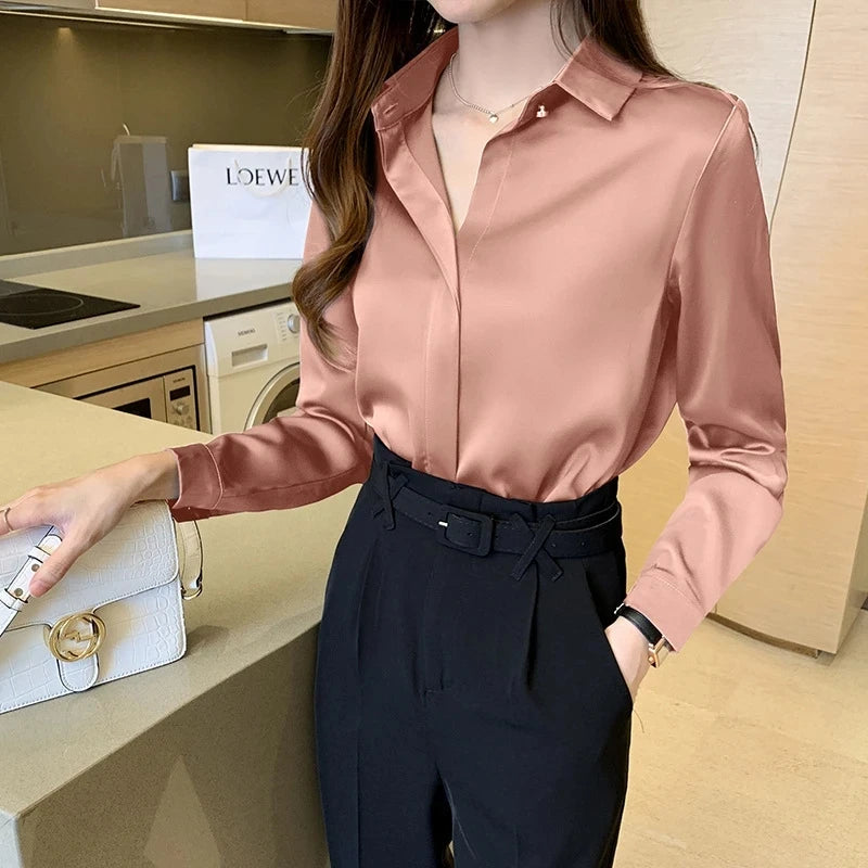 Silk Women's Shirt Long Sleeve Fashion Woman Blouses 2023 Satin Top Female Shirts and Blouse Basic Ladies Tops OL Women Clothing.