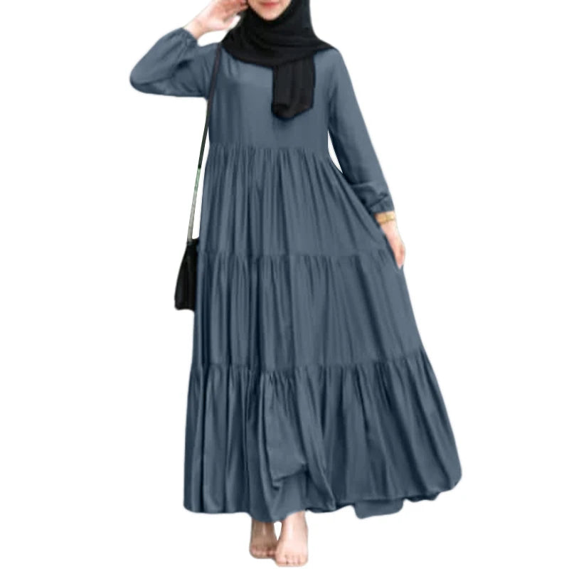ZANZEA Muslim Fashion Tiered Long Dresses Women Islamic Hijab Style Casual Long Sleeve O Neck Maxi Vestidos Solid Abaya Robes