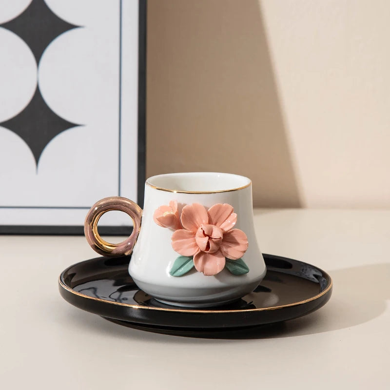 120ml Ceramic Coffee Cup Saucer Set Hand Pinched Flowers with Hand and Dish Milk Tea Porcelain Drinkware Tableware Gift.