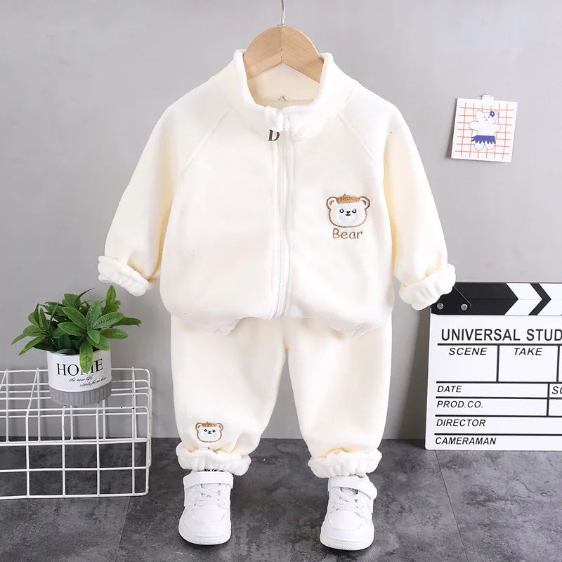 2025new winter girls plush set for boys casual sports two-piece set for baby toddler outdoor clothing sets.