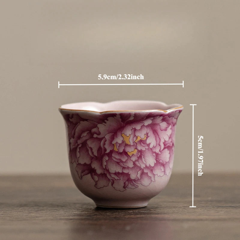 Chinese Ceramics Small Teacup Chinese Kung Fu Gongfu Teaware Porcelain Cup Handmade Peony Lily Single Master Tea Cup Drinkware.