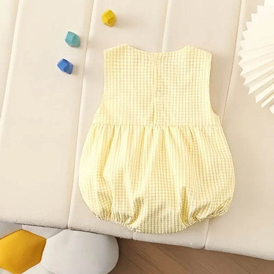 0–2 Jahre Neugeborene Kinder, bezaubernder Baby-Mädchen-Strampler aus Baumwollgaze, gelb kariert, bezauberndes besticktes Enten-Design – weich und süß.