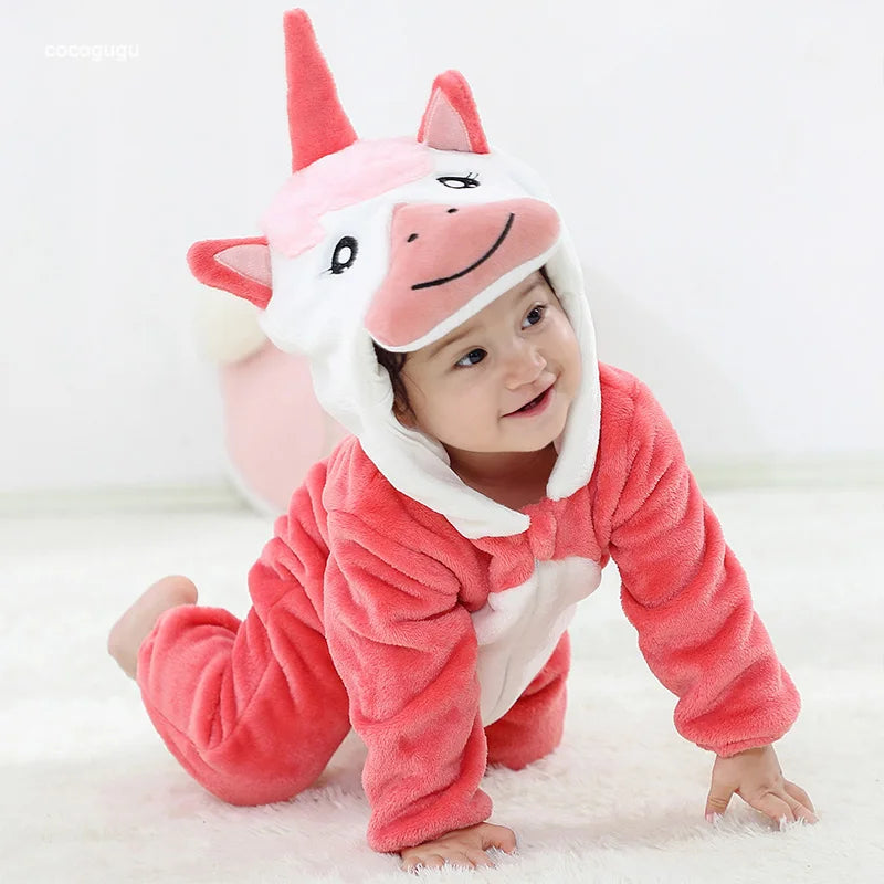 Blau rosa Einhorn Stram pler Baby Boy Mädchen Pyjama bebe Kleidung niedlichen Bodys Flanell warme einteilige Winter Halloween Tier Outfit.