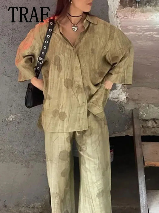 Women Print Long Pants Sets For Women Lapel Half Sleeve Single Breasted Shirts + High Waist Lace-Up Wide Leg Pants.