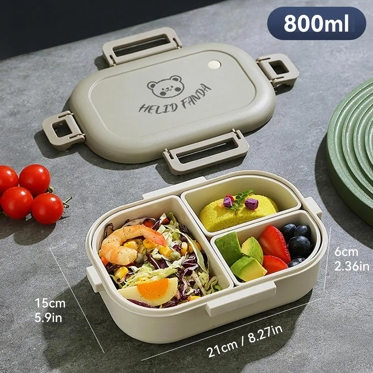 WORTHBUY Portable Plastic Bento Lunch Box With 3 Removable Compartment Leak-proof Microwave Salad Food Container For Kids School