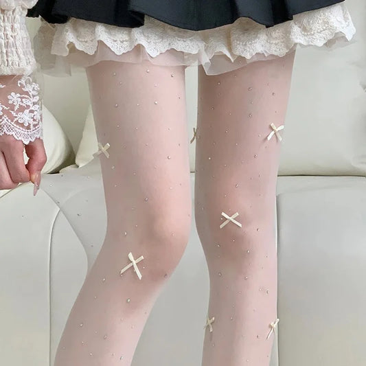 New Lolita Velvet Bowkont Embroidery Pearl Tights Pantyhose Flash Diamond Women Tight JK Style Sweet Girls Kawaii Cute Stockings.