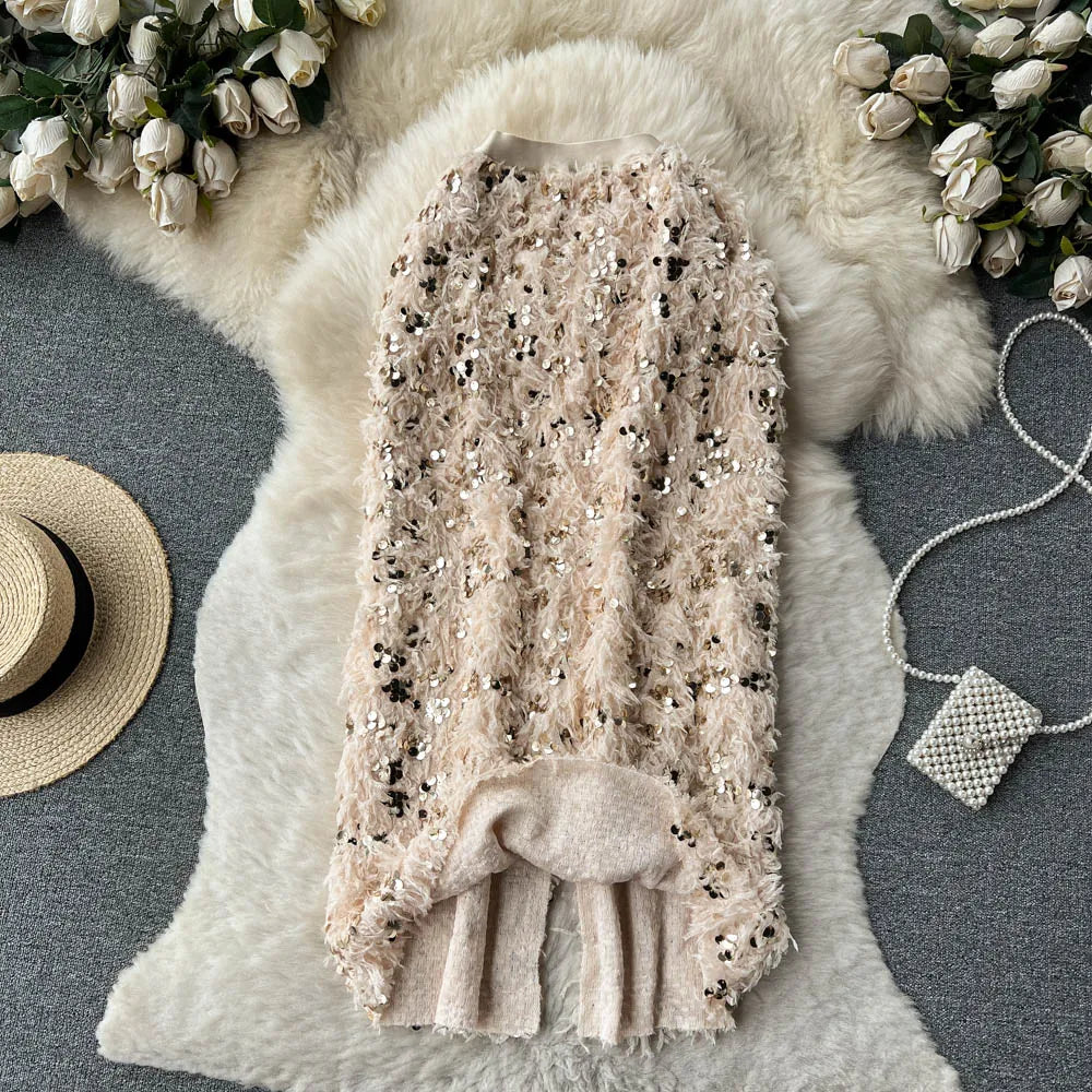 Skirts Women Autumn High Waist Midi Sequined Elegant Korean Fashion Back Slit A-line Loose Casual Simple All-match Faldas Largas.