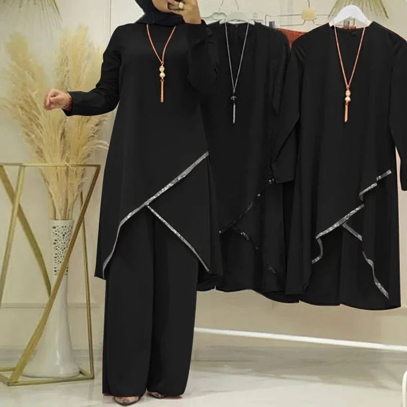Women Eid Musulman Ensemble Muslim Sets Solid Blouses Wide Leg Pants Ramadan Morocco Two Pieces Dubai Kaftan Loose Modest.