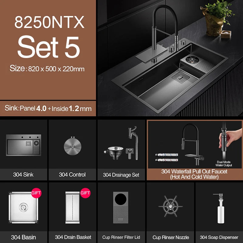 ASRAS New Waterfall Faucet Kitchen Sinks Nanometer Large Size 4mm Panel Handmade Sinks Cup Rinser Kitchen Sinks