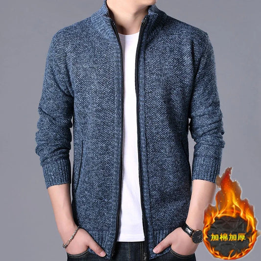 New Men's Casual High Collar Long Sleeve Knitted Top with Velvet Warmth for Autumn and Winter Fashion Multi Functional Jacket.