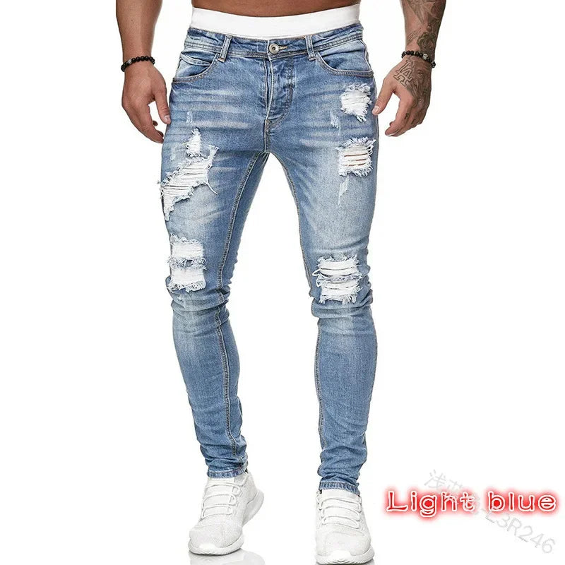 Zerrissene mittlere Taille Slim Fit Herren Jeans Vintage Denim Punk Wash Solid Punk Style Skinny Bleistifthose Distressed Holes Knöchellänge.