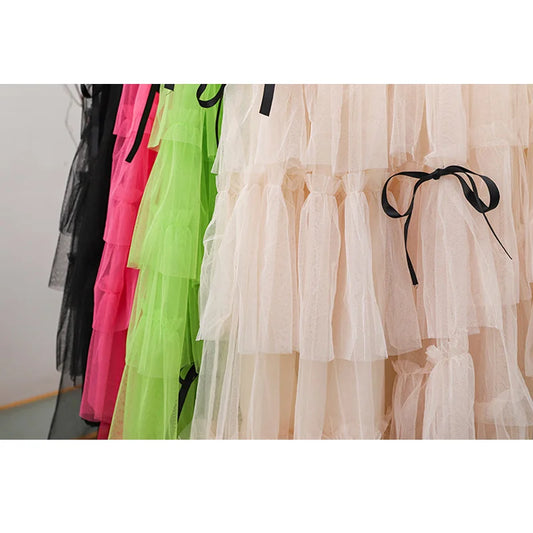 Long Maxi Tulle Skirt Women Sweet Tiered Long Skirt Autumn Winter Women Fashion Korean Mesh Skirt Female Party Skirt Clothes.