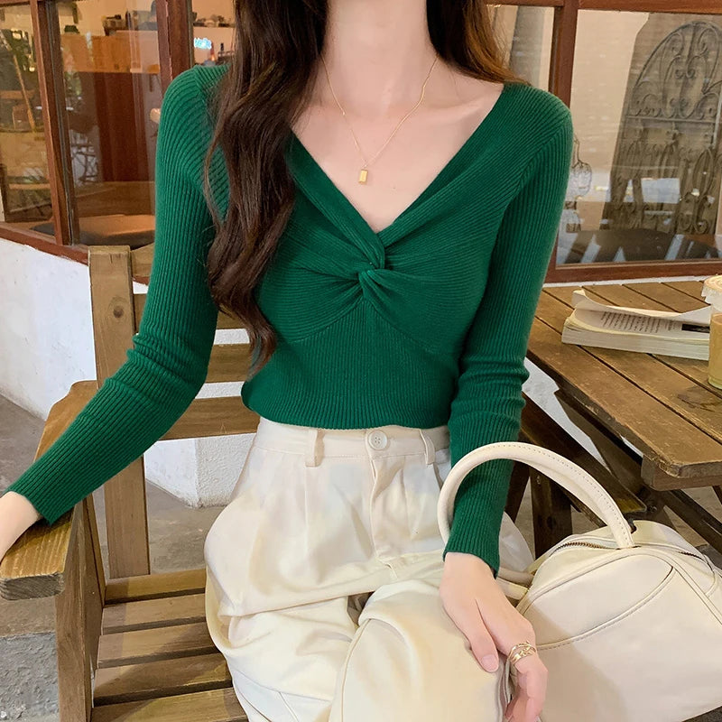 Herbst Winter Dünne Gestrickte Hemd Frauen Pullover Pullover Tops Weibliche Lange Hülse Elastische V-ausschnitt Dünne Pullover Stricken Shirts.