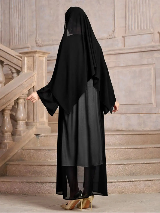 Ramadan Abaya Muslim's Women Kebaya Solid Color Open Front Modest Cover Up, Versatile Long Sleeve Maxi Loose Outwear With Hijab.