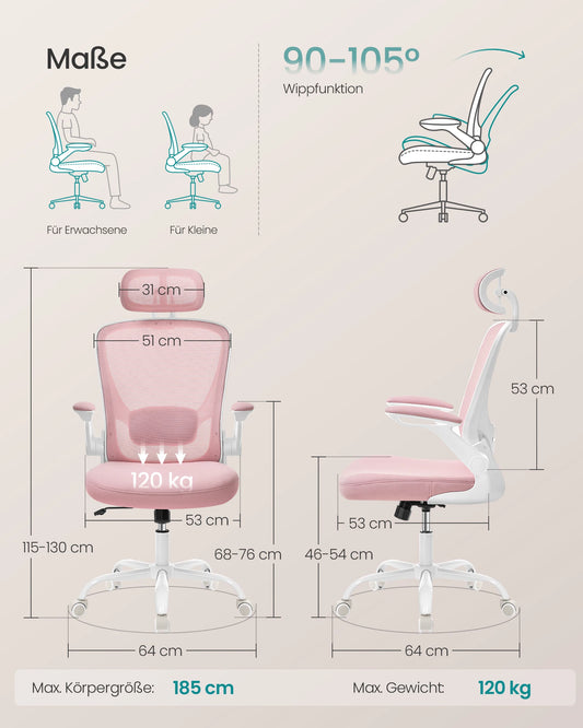 SONGMICS Bürostuhl ergonomisch, Schreibtischstuhl, Drehstuhl mit Mesh, gepolsterte Lendenstütze, Wippfunktion