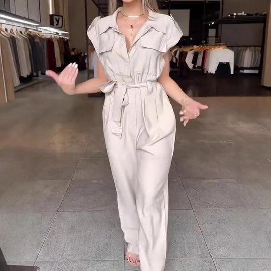 Elegant Women Jumpsuit Lapel Sleeveless Belt Design Romper with Pockets Solid Color Wide Leg Pants Versatile Jumpsuit.