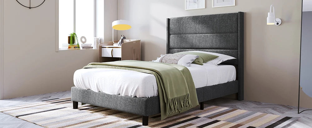 KOMHTOM Polsterbett 90 x 200 cm, Bettgestell mit Lattenrost & Kopfteil, gepolstertes Doppelbett, Textilbezug Leinen in Grau