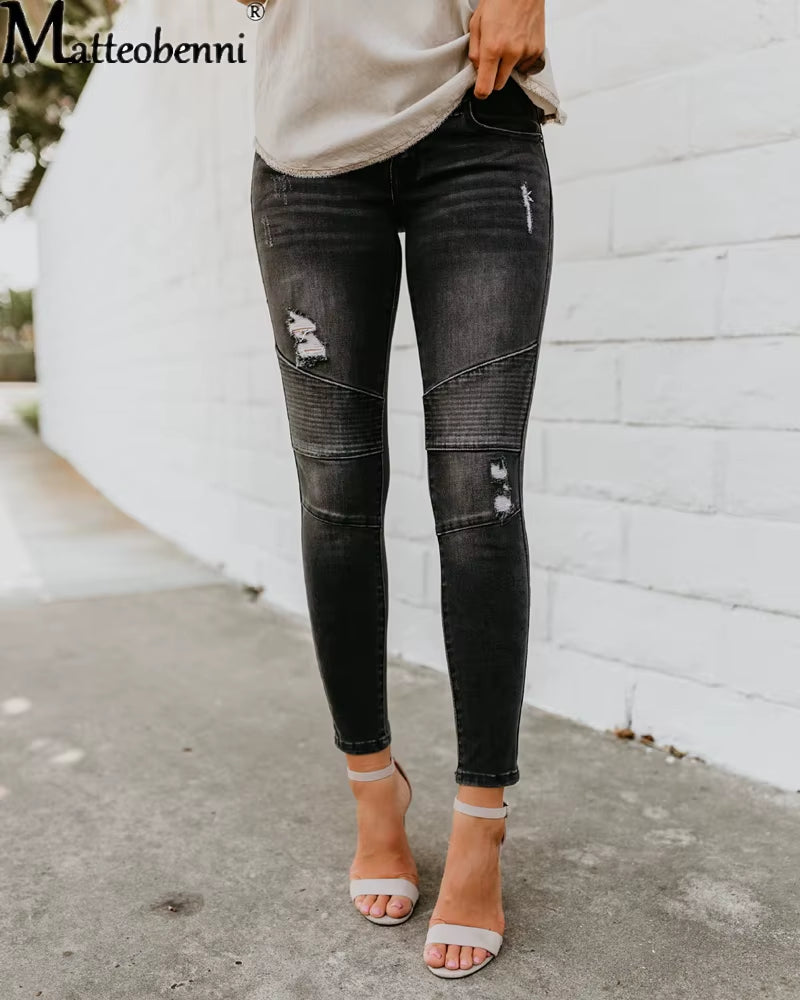 Fashion Mid Waist Skinny Jeans Women Vintage Distressed Denim Pants Autumn Crimped Destroyed Pencil Casual Ripped.