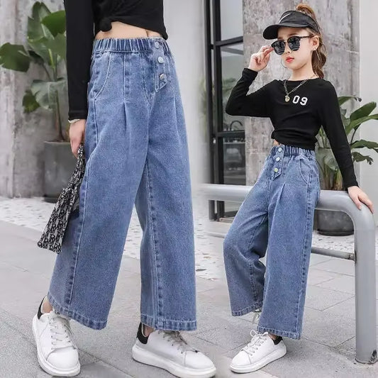 Girls Jeans 2024 Autumn Loose Straight Wide-Leg Pants Kids Trousers Jeans for Children 10 12 13 14 Years Blue High Waist Pants.