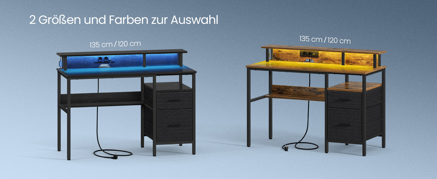 VASAGLE Schreibtisch mit Schubladen, Computertisch mit Monitorständer, LED-Beleuchtung, 55 x 135 x 90 cm, eingebaute Steckdosen