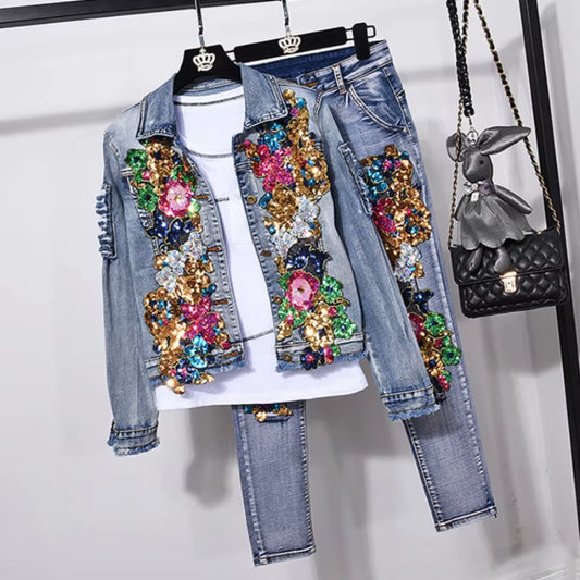 European Style Denim Jacket Fashion Outfit Women New Flower Sequined Jeans Vest Coat.