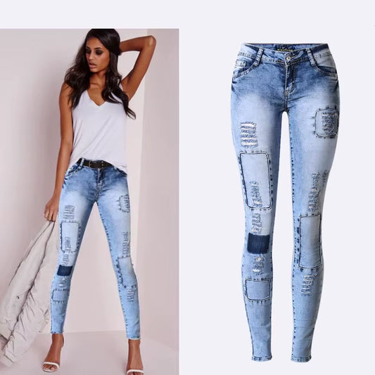 Summer Style Low Waist Sky Blue Patchwork Skinny Tights Women Pencil Jeans High Stretch Sexy Push up Denim Women Fashion Jeans.