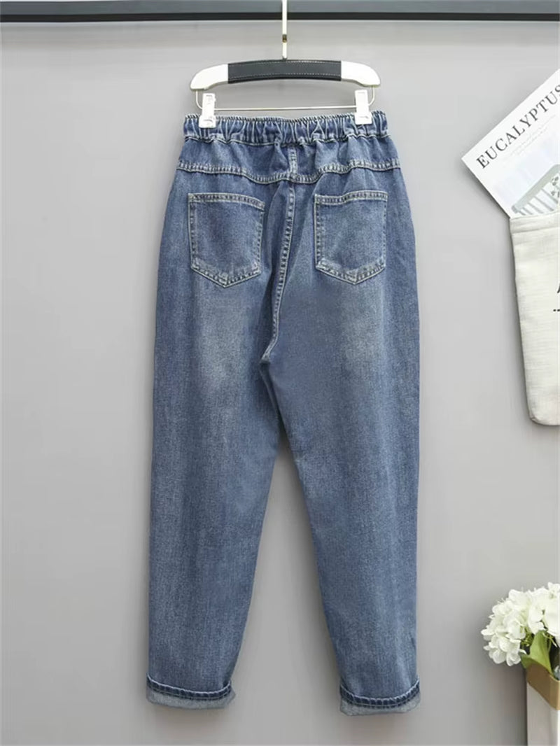 8265 Women Fashion Korea Style Cartoon Cat Embroidery Baggy Elastic Waist High Waist Denim Cropped Pants Female Harem Jeans.