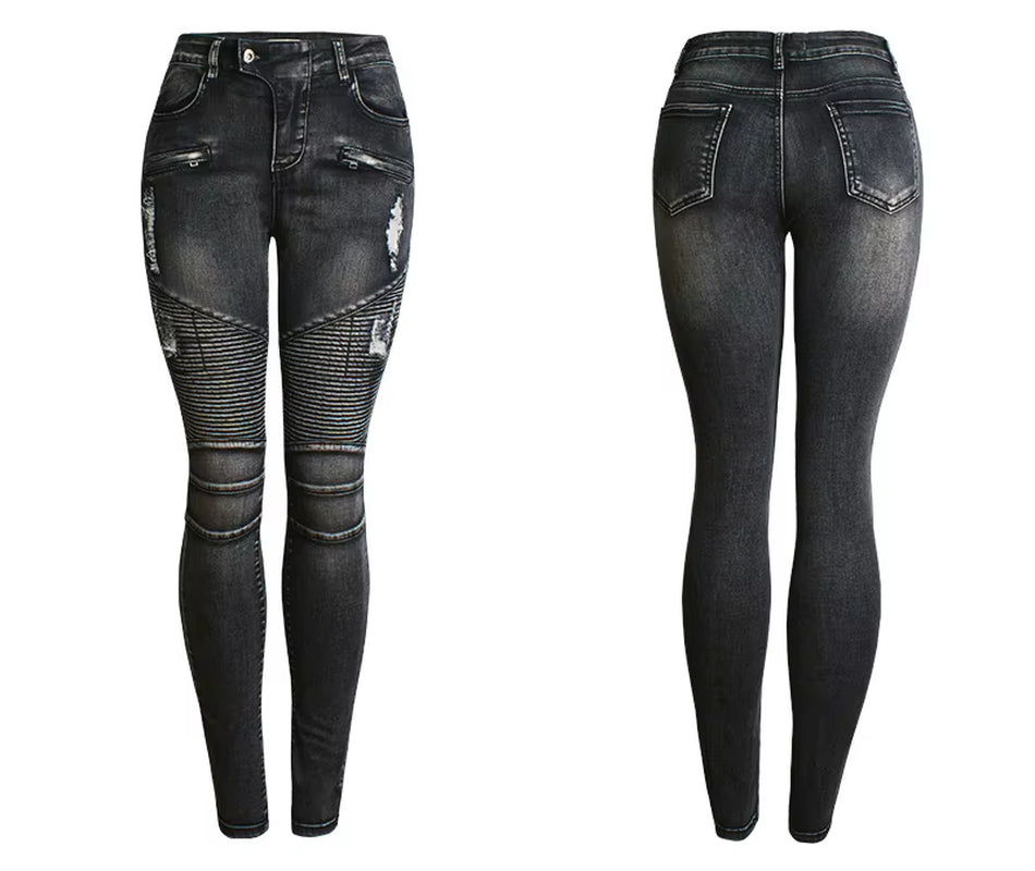 Stretch Ripped Jeans Tall Women Torn Pencil Pants Designer Gothic Punk Motorcycle Denim Trousers Female Low Waist Streetwear.