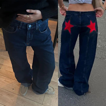 Women'S Y2K Vintage Jeans Aesthetic Star Pattern Print Loose Straight Leg Denim Long Pants Casual Low Waist Trousers.