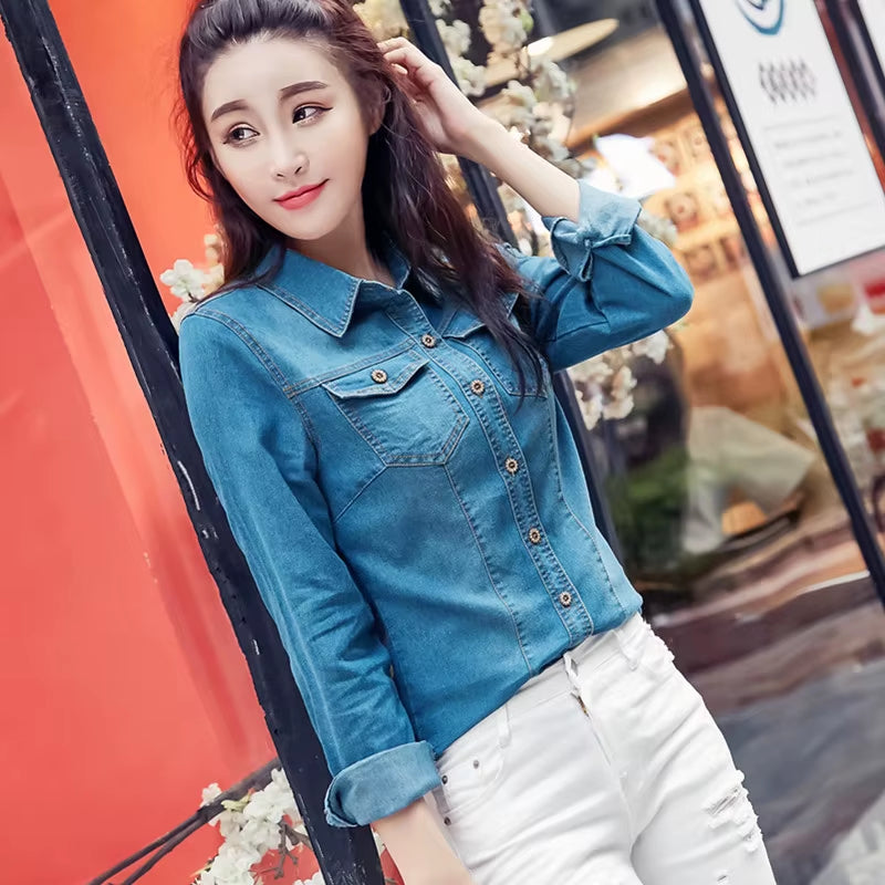 Jeans Shirt Women 2019 Long Sleeve Slim Casual Vintage Elastic Ladies Denim Shirts Tops Blusas Feminina Woman Blouses and Tops.
