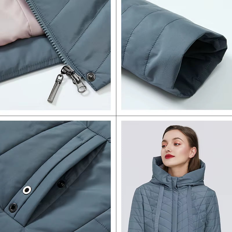 2022 Autumn Fashion Slim Thin down Jacket Women Pocket Coat Hoodies Solid Space Cotton Female Long Jacket Coat Spring New.