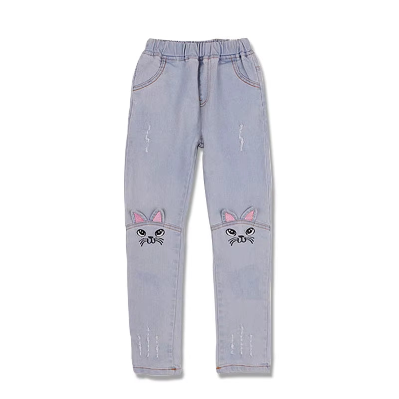 Cute Cartoon Pattern Kids Jeans Spring Autumn Winter Lovely Cat High Quality Children Pants Casual Trouses Baby Girls Jeans.