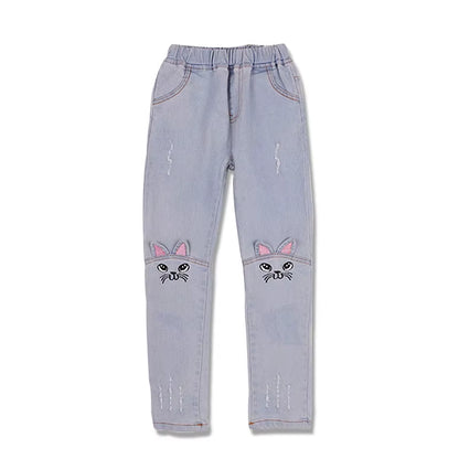 Cute Cartoon Pattern Kids Jeans Spring Autumn Winter Lovely Cat High Quality Children Pants Casual Trouses Baby Girls Jeans.